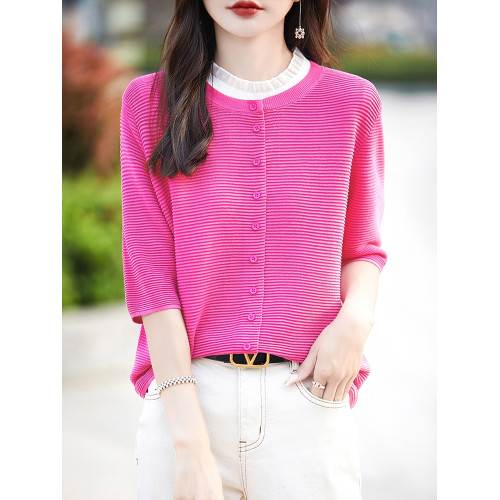 時尚洋氣天絲短袖開衫女圓領寬松中袖針織外套純色百搭針織打底衫