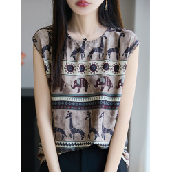 復古印花無袖背心女夏季2025新款打底衫洋氣大碼女裝冰絲針織上衣