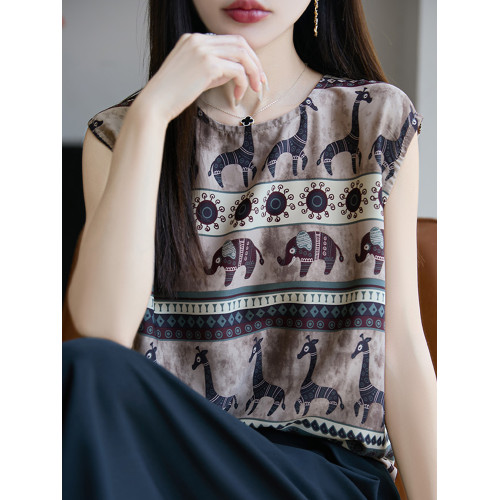 復古印花無袖背心女夏季2025新款打底衫洋氣大碼女裝冰絲針織上衣