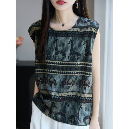 復古印花無袖背心女夏季2025新款打底衫洋氣大碼女裝冰絲針織上衣