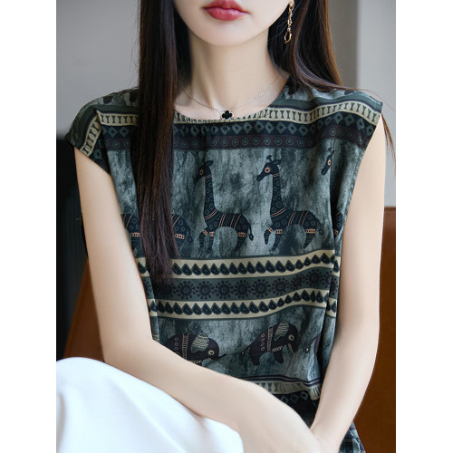 復古印花無袖背心女夏季2025新款打底衫洋氣大碼女裝冰絲針織上衣