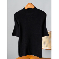 CandyCans 極簡老錢風半高領中袖羊毛針織衫女修身顯瘦打底衫上衣