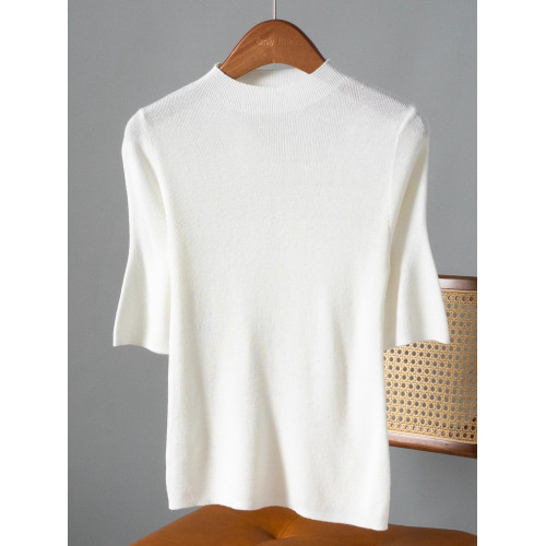 CandyCans 極簡老錢風半高領中袖羊毛針織衫女修身顯瘦打底衫上衣