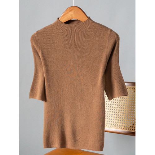 CandyCans 極簡老錢風半高領中袖羊毛針織衫女修身顯瘦打底衫上衣