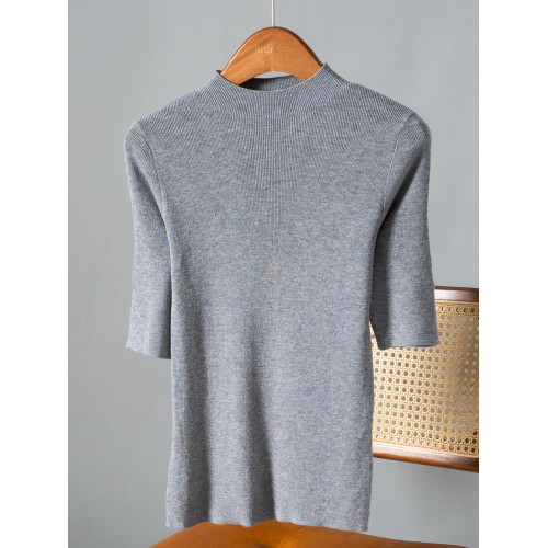 CandyCans 極簡老錢風半高領中袖羊毛針織衫女修身顯瘦打底衫上衣