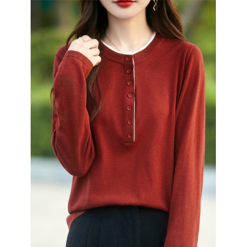 2025新款女春秋季外穿上衣套頭圓領撞色內搭針織衫休閒長袖打底衫