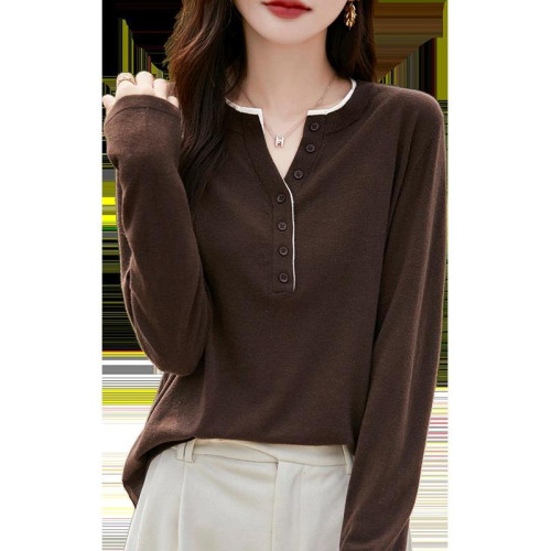 2025新款女春秋季外穿上衣套頭圓領撞色內搭針織衫休閒長袖打底衫