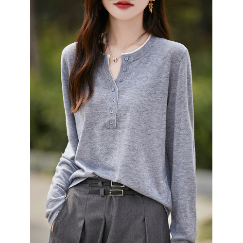 2025新款女春秋季外穿上衣套頭圓領撞色內搭針織衫休閒長袖打底衫