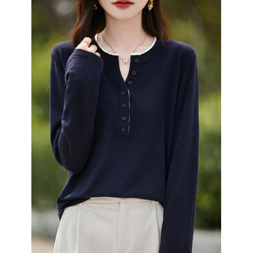 2025新款女春秋季外穿上衣套頭圓領撞色內搭針織衫休閒長袖打底衫