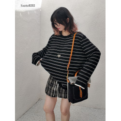 肯豆風 松弛感袖口撞色綿羊毛混紡條紋針織打底衫冬季百搭上衣女