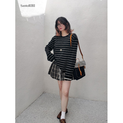 肯豆風 松弛感袖口撞色綿羊毛混紡條紋針織打底衫冬季百搭上衣女