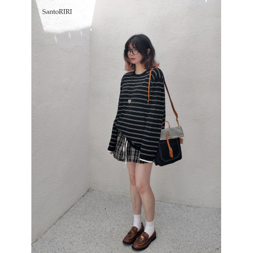 肯豆風 松弛感袖口撞色綿羊毛混紡條紋針織打底衫冬季百搭上衣女