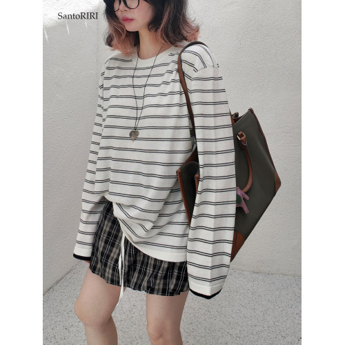 肯豆風 松弛感袖口撞色綿羊毛混紡條紋針織打底衫冬季百搭上衣女