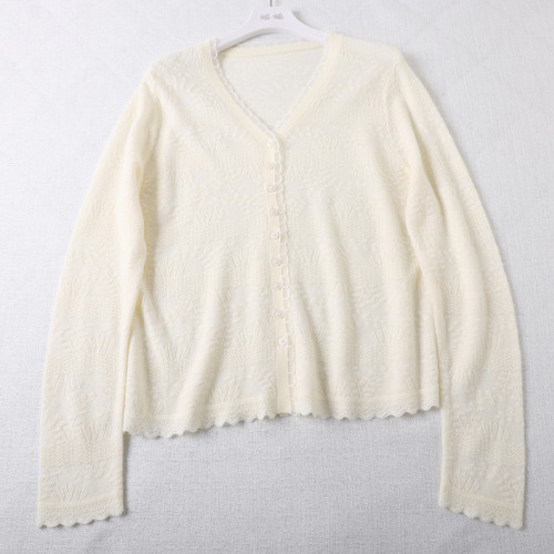 奶油浮雕針織衫~含羊毛花邊蕾絲針織打底衫V領甜美顯瘦氣質開衫女 奶油浮雕針織衫~含羊毛花邊蕾絲針織打底衫V領甜美顯瘦氣質開衫女