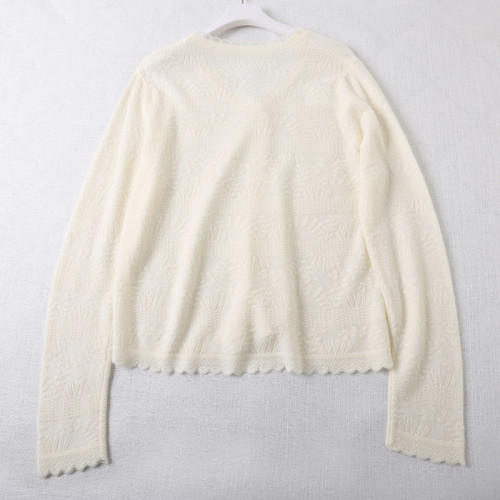 奶油浮雕針織衫~含羊毛花邊蕾絲針織打底衫V領甜美顯瘦氣質開衫女 奶油浮雕針織衫~含羊毛花邊蕾絲針織打底衫V領甜美顯瘦氣質開衫女