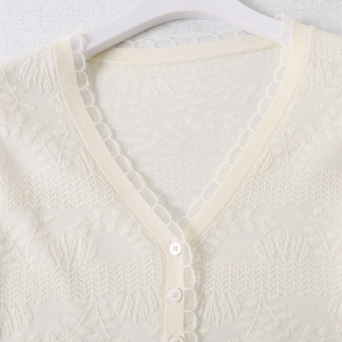 奶油浮雕針織衫~含羊毛花邊蕾絲針織打底衫V領甜美顯瘦氣質開衫女 奶油浮雕針織衫~含羊毛花邊蕾絲針織打底衫V領甜美顯瘦氣質開衫女