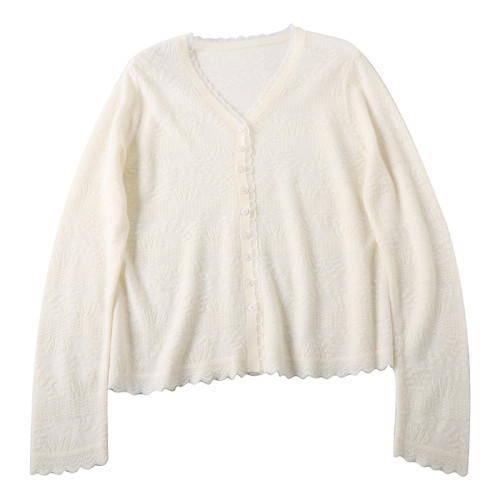 奶油浮雕針織衫~含羊毛花邊蕾絲針織打底衫V領甜美顯瘦氣質開衫女 奶油浮雕針織衫~含羊毛花邊蕾絲針織打底衫V領甜美顯瘦氣質開衫女