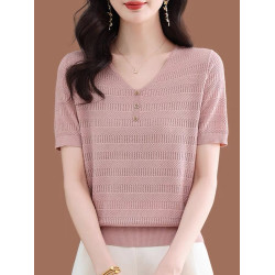 夏裝薄款內搭V領純色棉線鏤空短袖針織衫女韓版寬松顯瘦打底衫薄