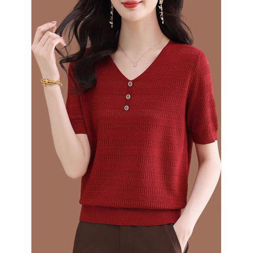 夏裝薄款內搭V領純色棉線鏤空短袖針織衫女韓版寬松顯瘦打底衫薄