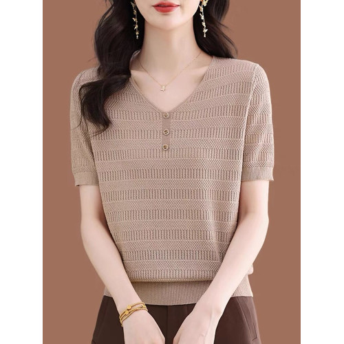 夏裝薄款內搭V領純色棉線鏤空短袖針織衫女韓版寬松顯瘦打底衫薄