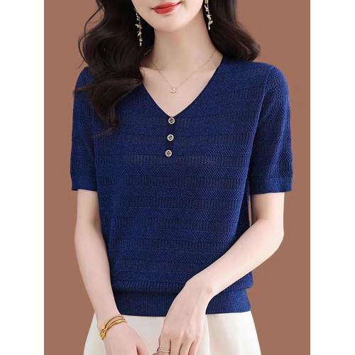 夏裝薄款內搭V領純色棉線鏤空短袖針織衫女韓版寬松顯瘦打底衫薄