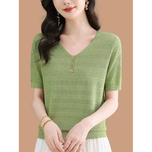 夏裝薄款內搭V領純色棉線鏤空短袖針織衫女韓版寬松顯瘦打底衫薄