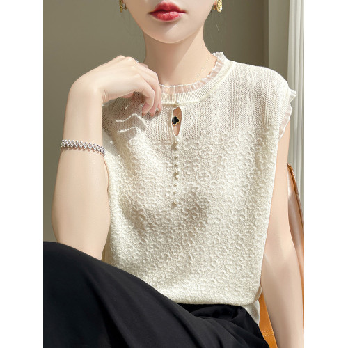 蕾絲提花釘珠無袖背心女夏季2025新款打底衫洋氣大碼冰絲針織上衣