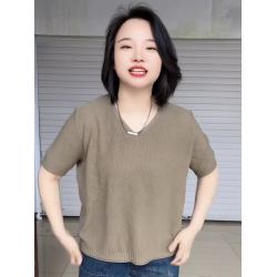 夏季復古純色短袖V領針織衫女時髦大碼寬松打底衫極簡風套頭上衣
