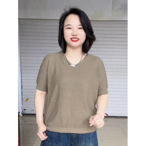 夏季復古純色短袖V領針織衫女時髦大碼寬松打底衫極簡風套頭上衣