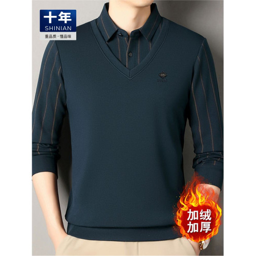 十年品牌男士加絨加厚假兩件衛衣2025冬季保暖內衣POLO衫男打底衫