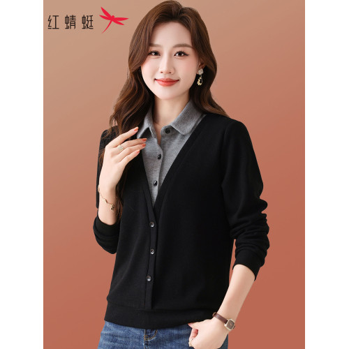 紅蜻蜓假兩件衛衣女春秋季拼接長袖休閒百搭中年媽媽裝打底衫上衣