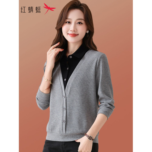 紅蜻蜓假兩件衛衣女春秋季拼接長袖休閒百搭中年媽媽裝打底衫上衣