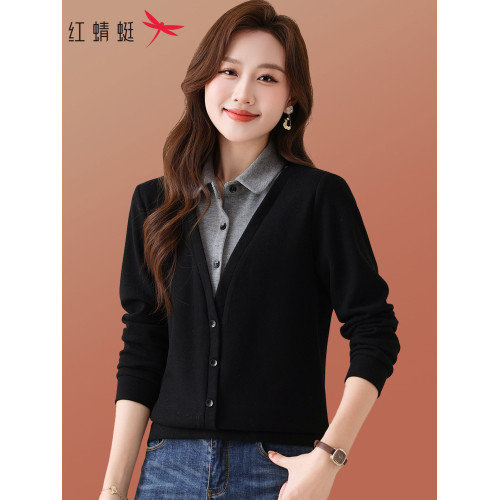 紅蜻蜓假兩件衛衣女春秋季拼接長袖休閒百搭中年媽媽裝打底衫上衣