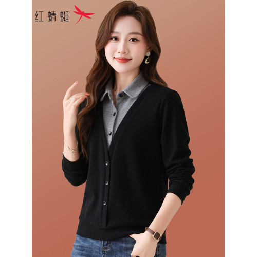 紅蜻蜓假兩件衛衣女春秋季拼接長袖休閒百搭中年媽媽裝打底衫上衣