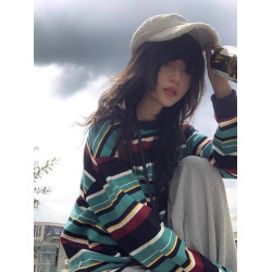 美式復古條紋撞色圓領長袖衛衣女秋冬設計感寬松外穿打底衫上衣薄