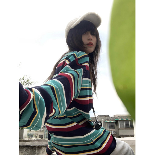 美式復古條紋撞色圓領長袖衛衣女秋冬設計感寬松外穿打底衫上衣薄