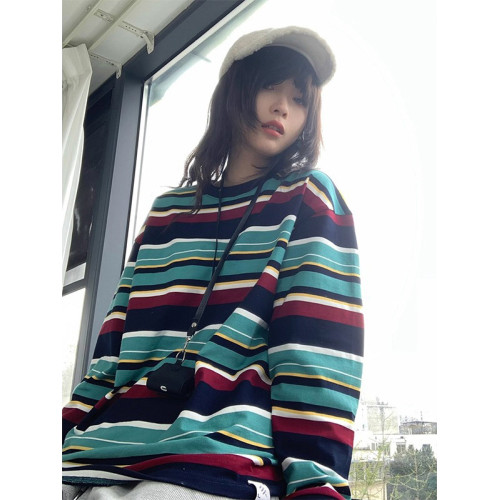 美式復古條紋撞色圓領長袖衛衣女秋冬設計感寬松外穿打底衫上衣薄