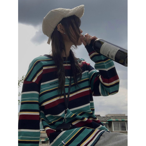 美式復古條紋撞色圓領長袖衛衣女秋冬設計感寬松外穿打底衫上衣薄