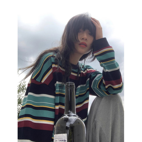 美式復古條紋撞色圓領長袖衛衣女秋冬設計感寬松外穿打底衫上衣薄