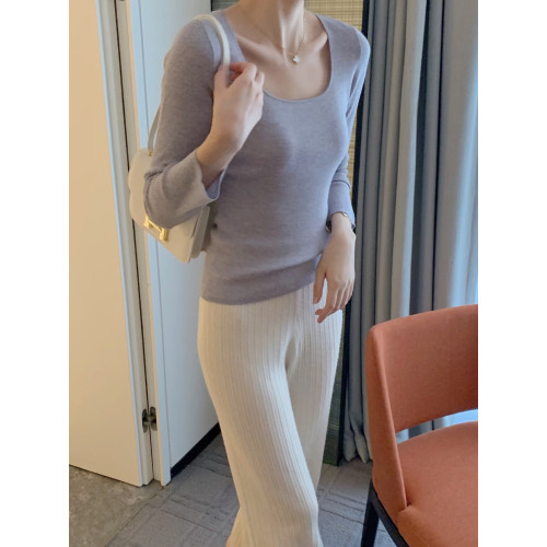 針織衫女2025春秋新款u領長袖精紡羊毛衫修身性感打底衫套頭上衣
