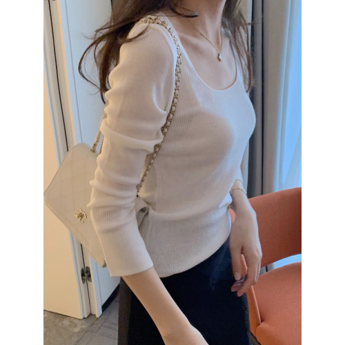 針織衫女2025春秋新款u領長袖精紡羊毛衫修身性感打底衫套頭上衣