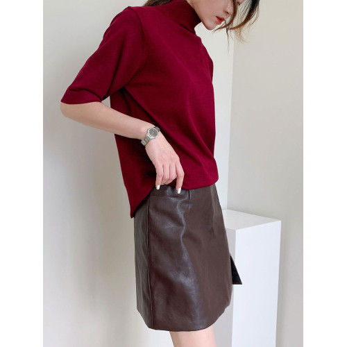 秋季新款韓版寬松袖半高領五分袖針織打底衫純色套頭百搭女士上衣