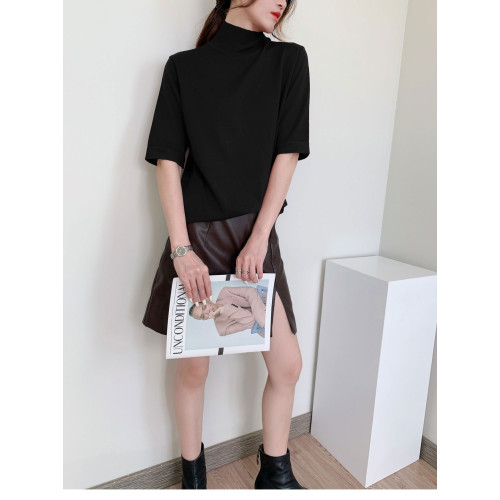 秋季新款韓版寬松袖半高領五分袖針織打底衫純色套頭百搭女士上衣