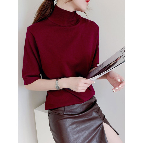 秋季新款韓版寬松袖半高領五分袖針織打底衫純色套頭百搭女士上衣