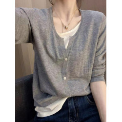 假兩件V領針織衫女2025秋季新款寬松顯瘦上衣長袖套頭毛衣打底衫