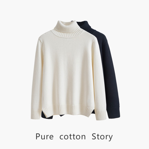 歐洲單  加厚100%全棉 高領毛衣女裝秋冬季厚款針織打底衫 寬松
