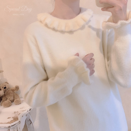 仿貂絨 花邊領 高領 白色 針織衫 毛衣 內搭 打底衫 K 仿貂絨 花邊領 高領 白色 針織衫 毛衣 內搭 打底衫 K