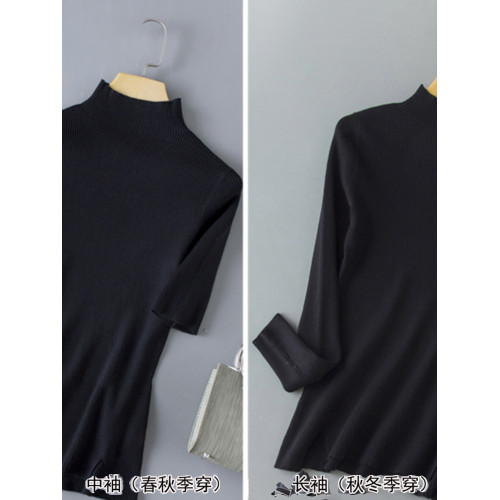 春季新款冰絲針織衫女半高領短袖打底衫女天絲中袖春秋修身上衣女