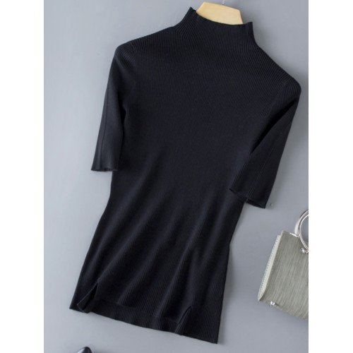 春季新款冰絲針織衫女半高領短袖打底衫女天絲中袖春秋修身上衣女