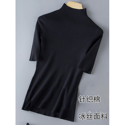 春季新款冰絲針織衫女半高領短袖打底衫女天絲中袖春秋修身上衣女